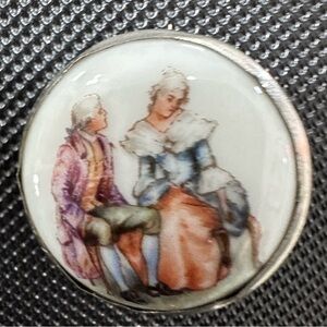 Vintage Porcelain Brooch with Romantic Scene